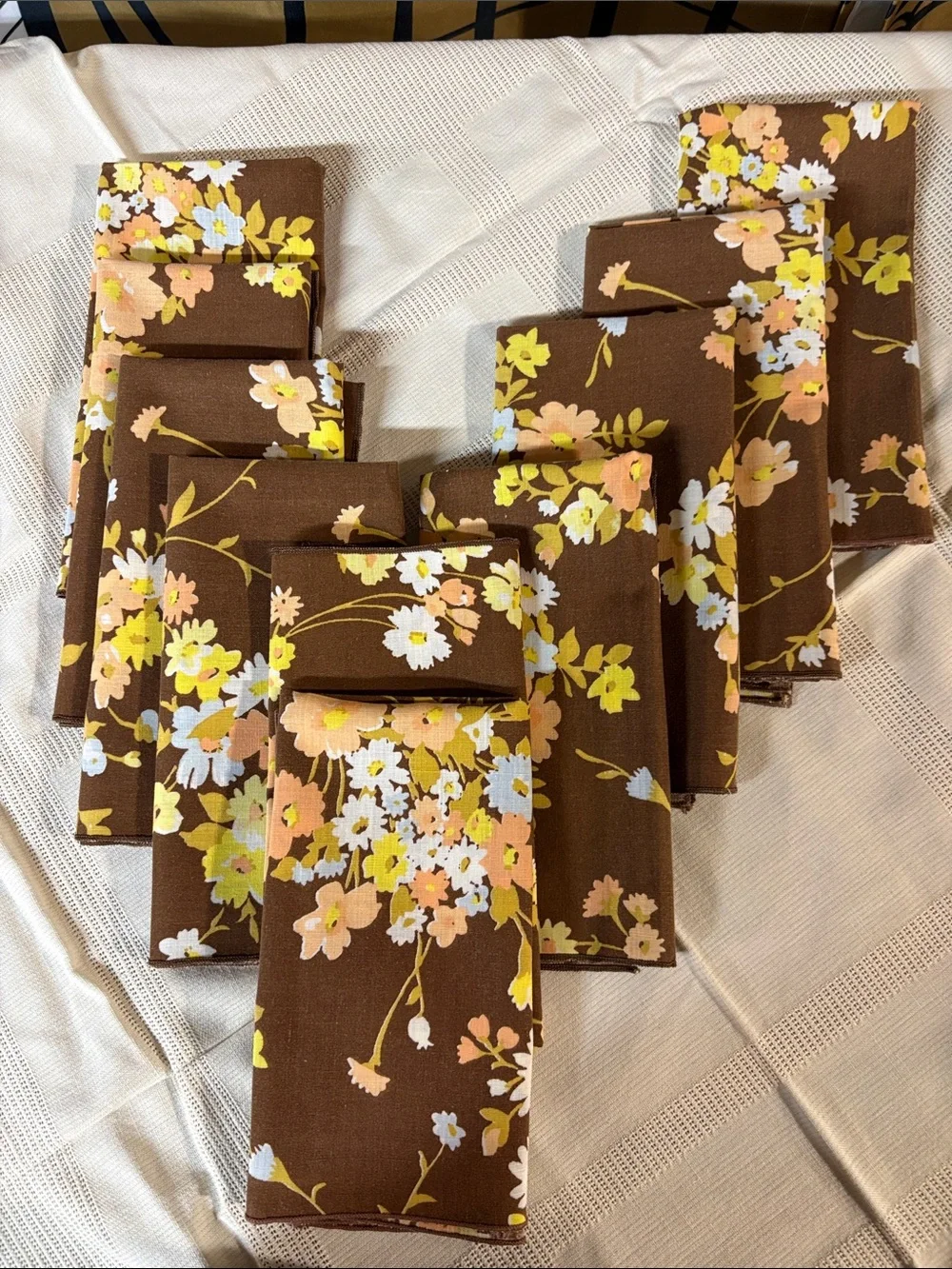 (10) Brown Linen Napkin with Orange White Yellow Floral Pattern